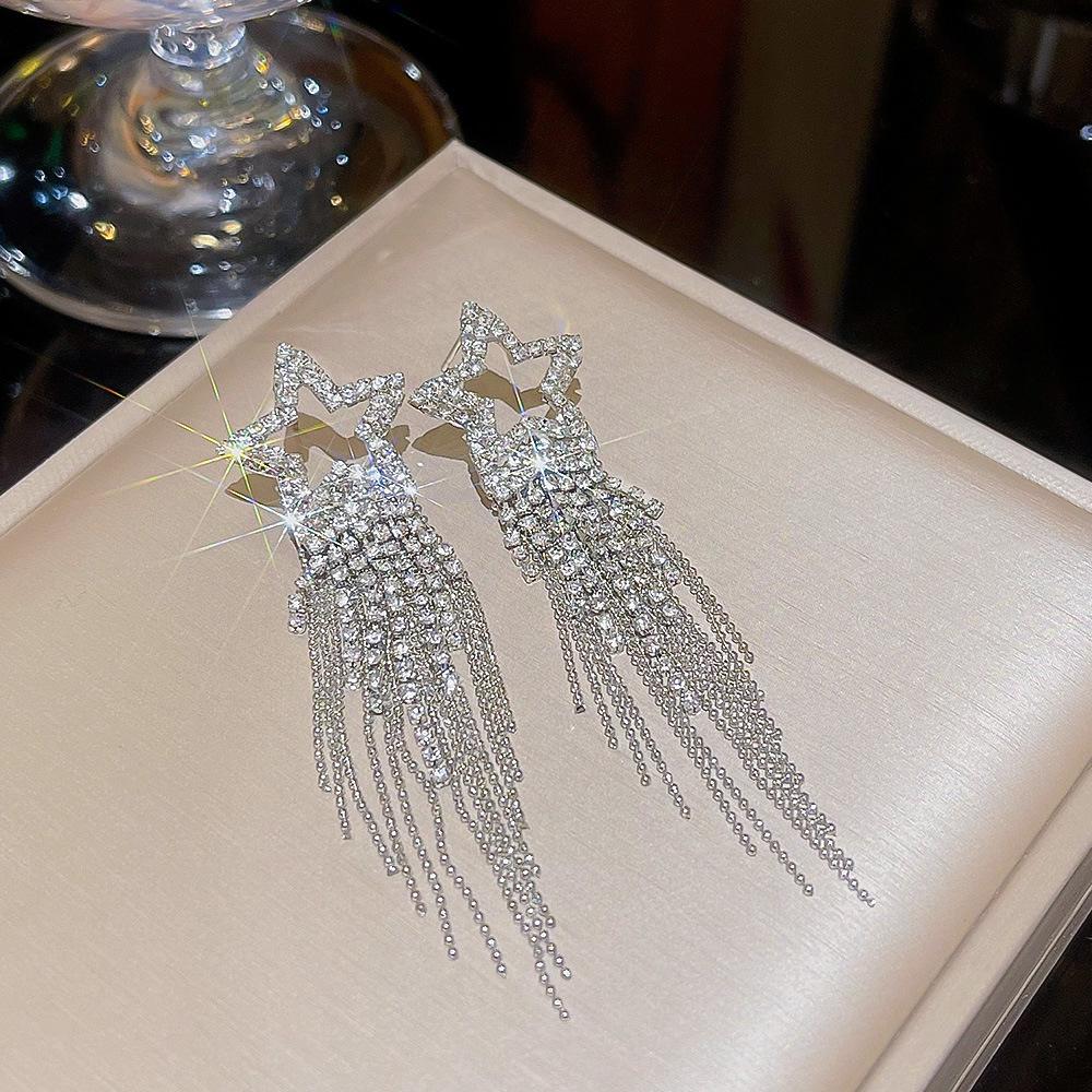 Sterling Silver Star Tassel Earrings - Elegant Studs with High-End Luxury Feel, Full Diamond Design, New Style, Celebrity-Inspired Accessories.