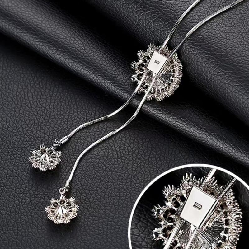 Fashion European and American Blue Crystal Sweater Chain Women's High-end Long Necklace Simple and Versatile Autumn and Winter Pendant