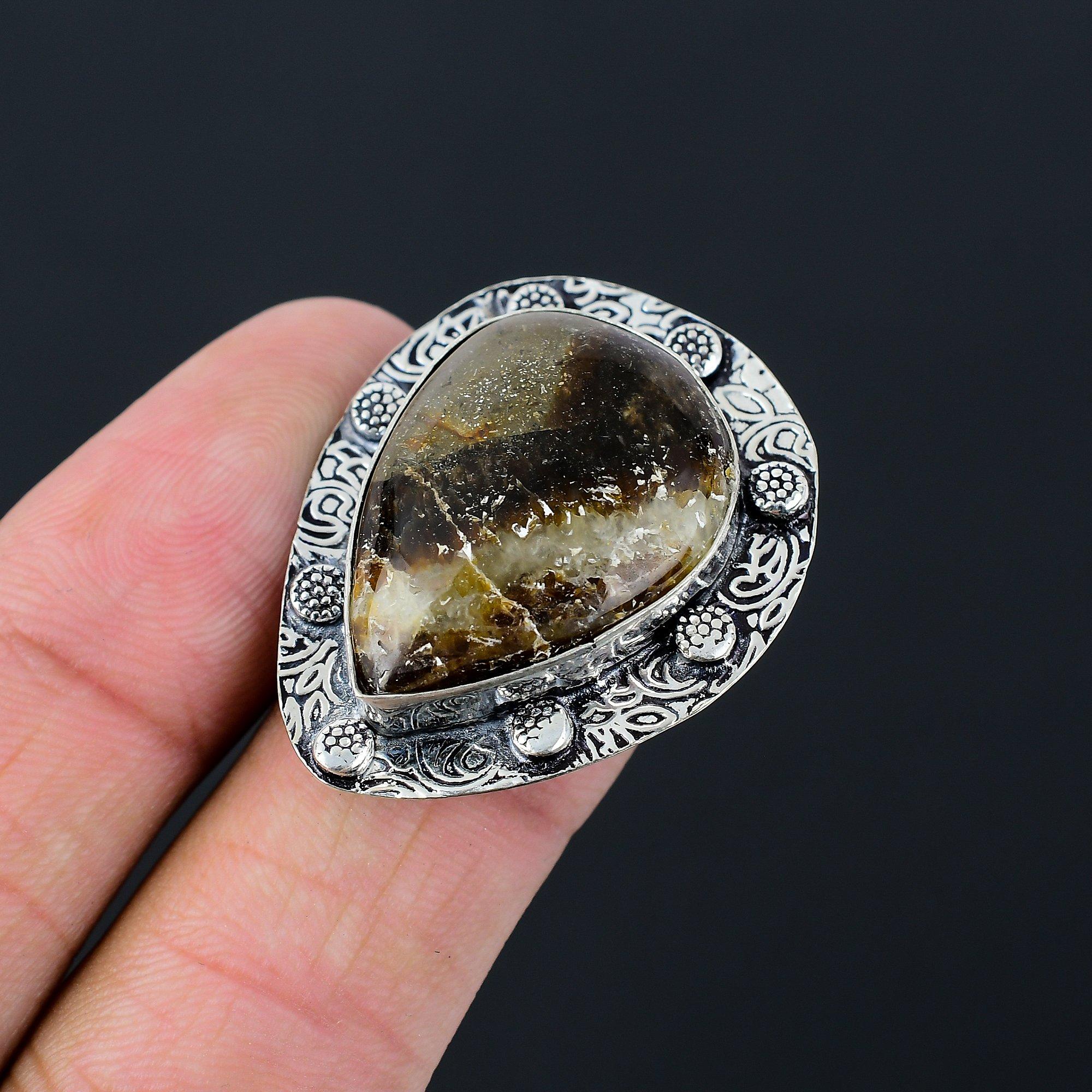 925 Silver Pear Septarian Stone Stackable Promise Root Chakra Boho Ring Size 7.5 7.5