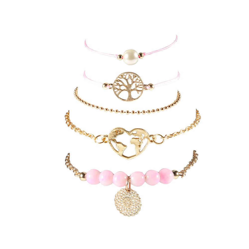 Tree Of Life Grey Pearl Love Map Bead Chain Hollow Flower Wind Bracelet Set