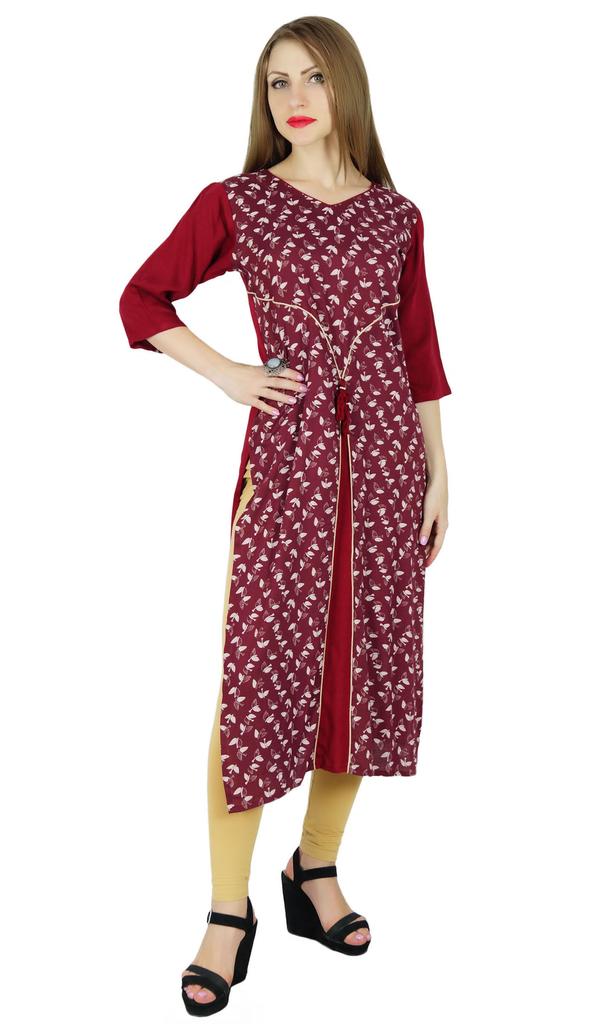 Bimba Women Maroon Straight Kurta Kurti Printed Tunic 3 4 Sleeve Slit Blouse