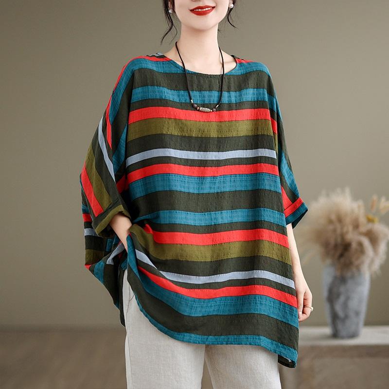 Short Sleeve Plus Size Cotton Vintage Stripe Casual Loose Long T Shirt Tops Women Summer T-shirt