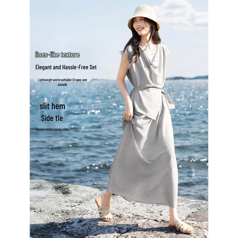 XWI Women s Linen-Texture Grey Two-Piece Set S