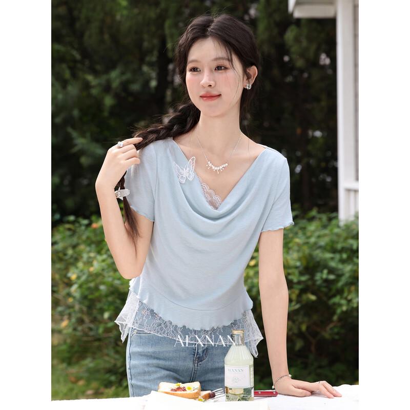 

Women s Elegant V-Neck Lace Short Sleeve T-Shirt S