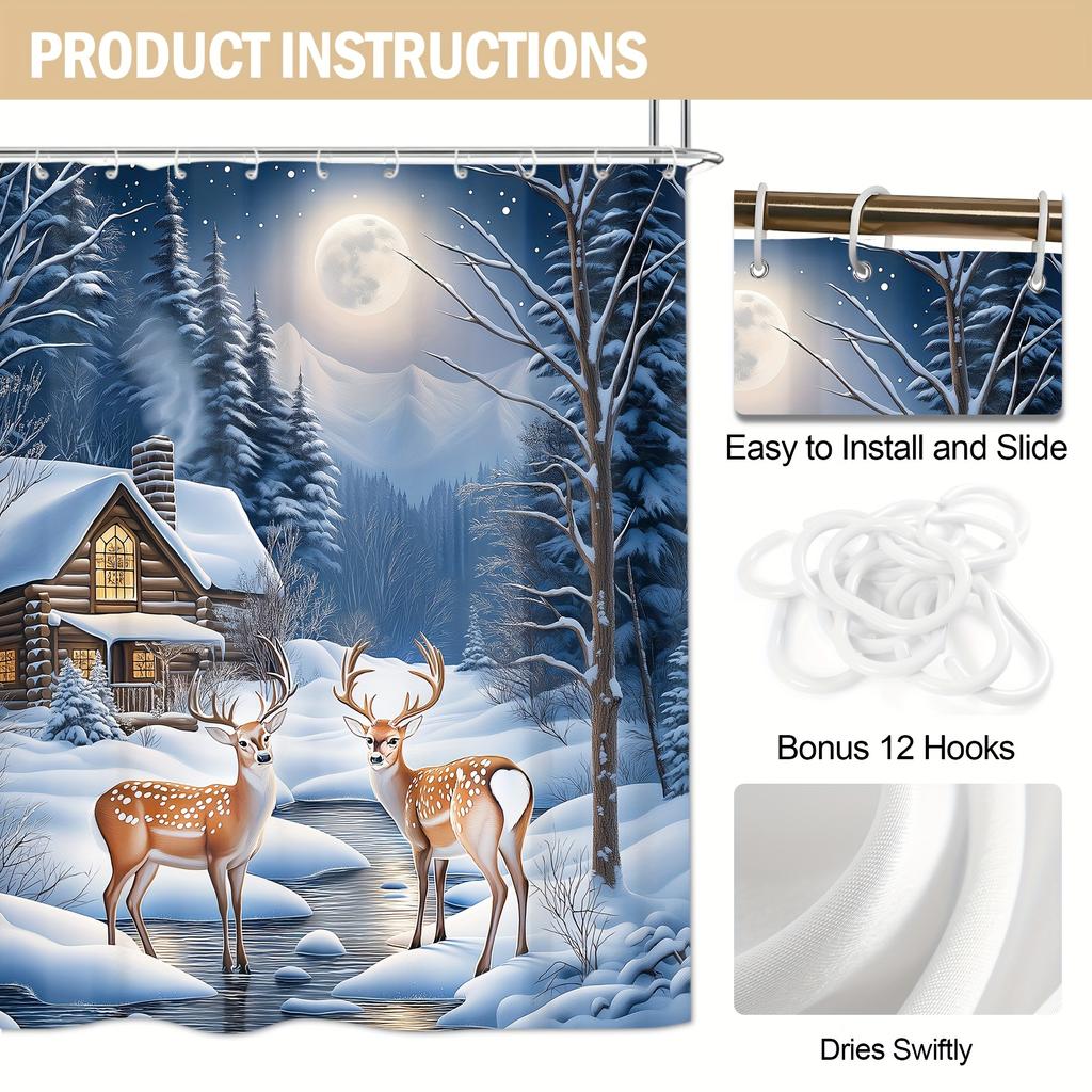 4Pcs Winter-Themed Shower Curtain Set with Non-Slip Bath Mat, Toilet Lid Cover, Contour Rug & 12 Hooks, Bathroom Decor