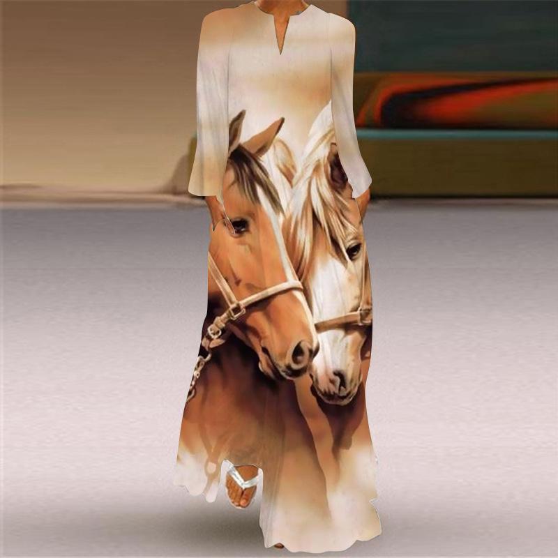 2024 Autumn European & American V-Neck Long-Sleeve Sexy Printed Maxi Dress