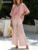 Casual Vacation Women's Set Short Sleeve Top Striped Wide Leg Pants Set