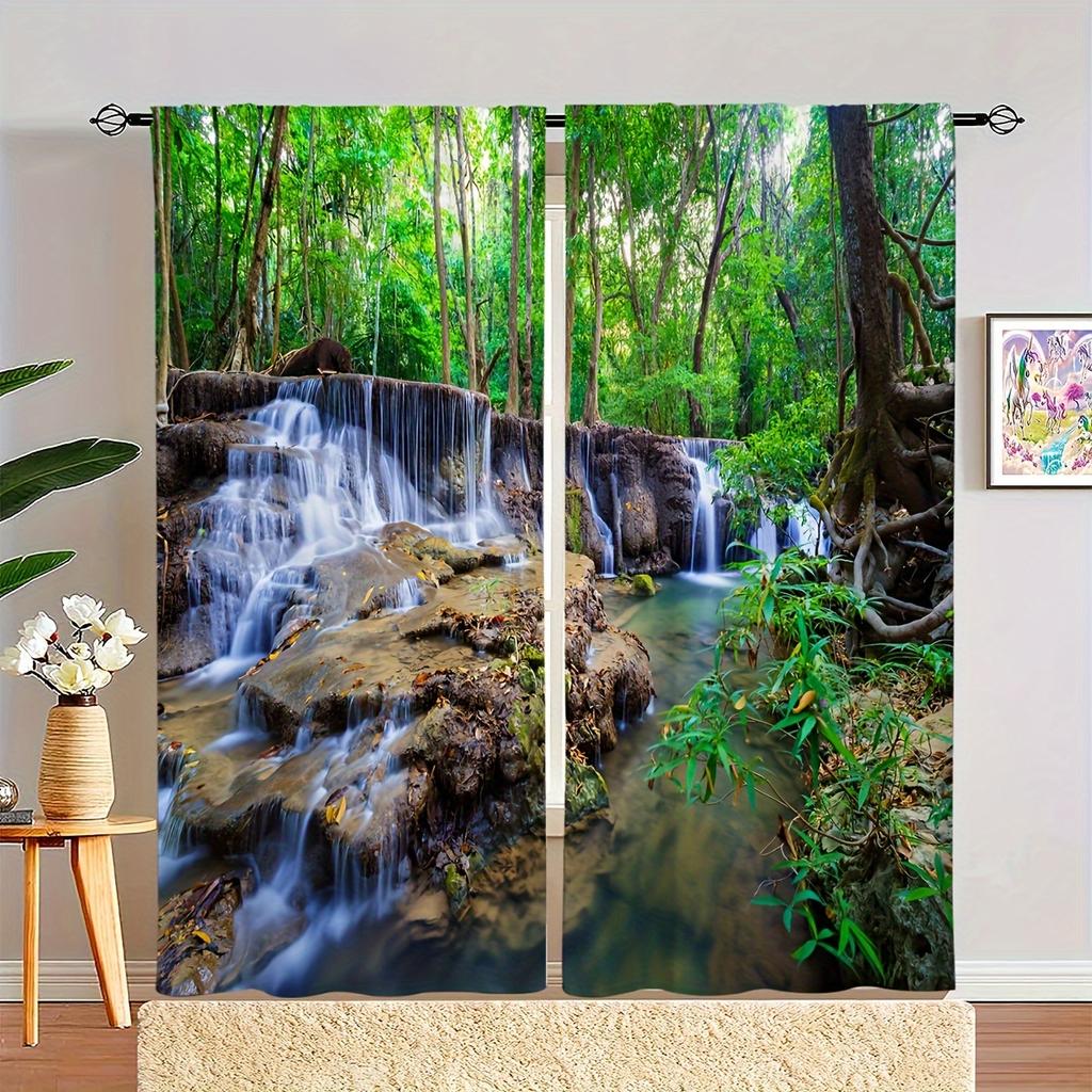 2 Pieces Stunning Forest Waterfall Landscape Curtain for Home Decor Rod Pocket Window Treatment for Bedroom Office Kitchen