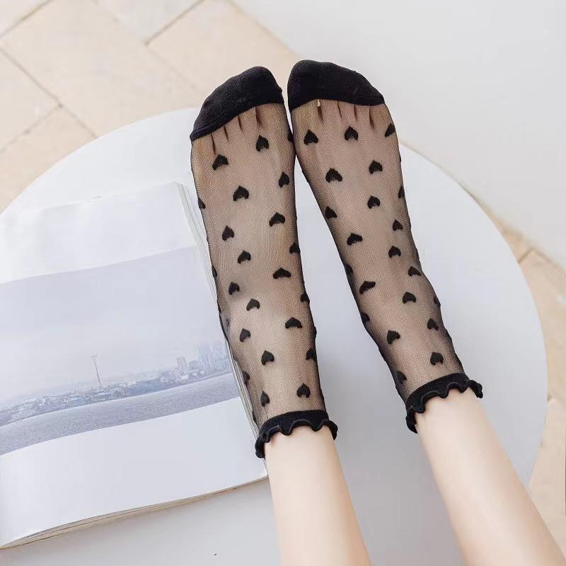 Șosete invizibile Lolita Femei Fete Șosete din dantelă de mătase Crystal Silk Love Heart Sosete la gleznă Negru Alb Șosetă JK transparentă