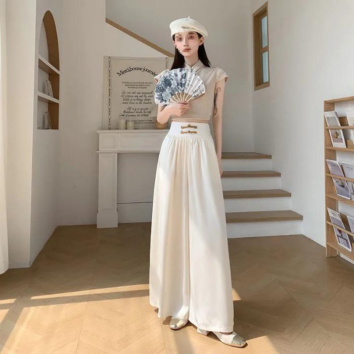

New Chinese Style High Waist Frog Button Ice Silk Wide-Leg Pants - Women s Spring/Summer Versatile Casual Floor-Length Pants. Small абрикосовый