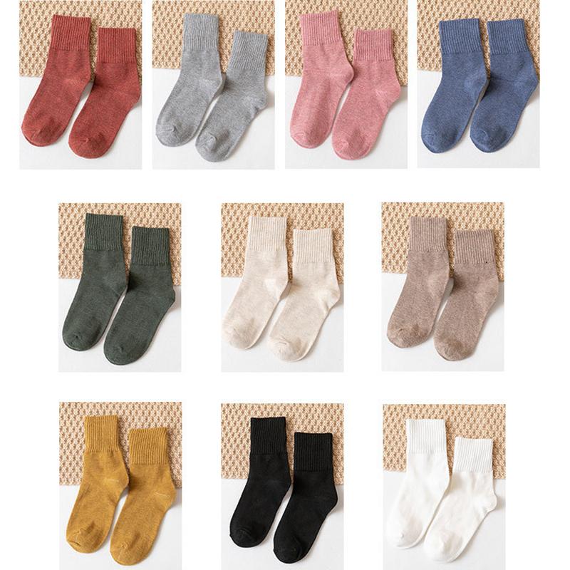 1 Pair Women Socks Autumn Winter Pure Cotton Solid-color Mid-tube Warm Long Socks
