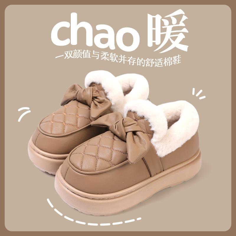 Cotton Slippers Women's Winter Bow Outer Wear Velvet Thickened Warm Pu Leather Waterproof Bag and Cotton Shoes