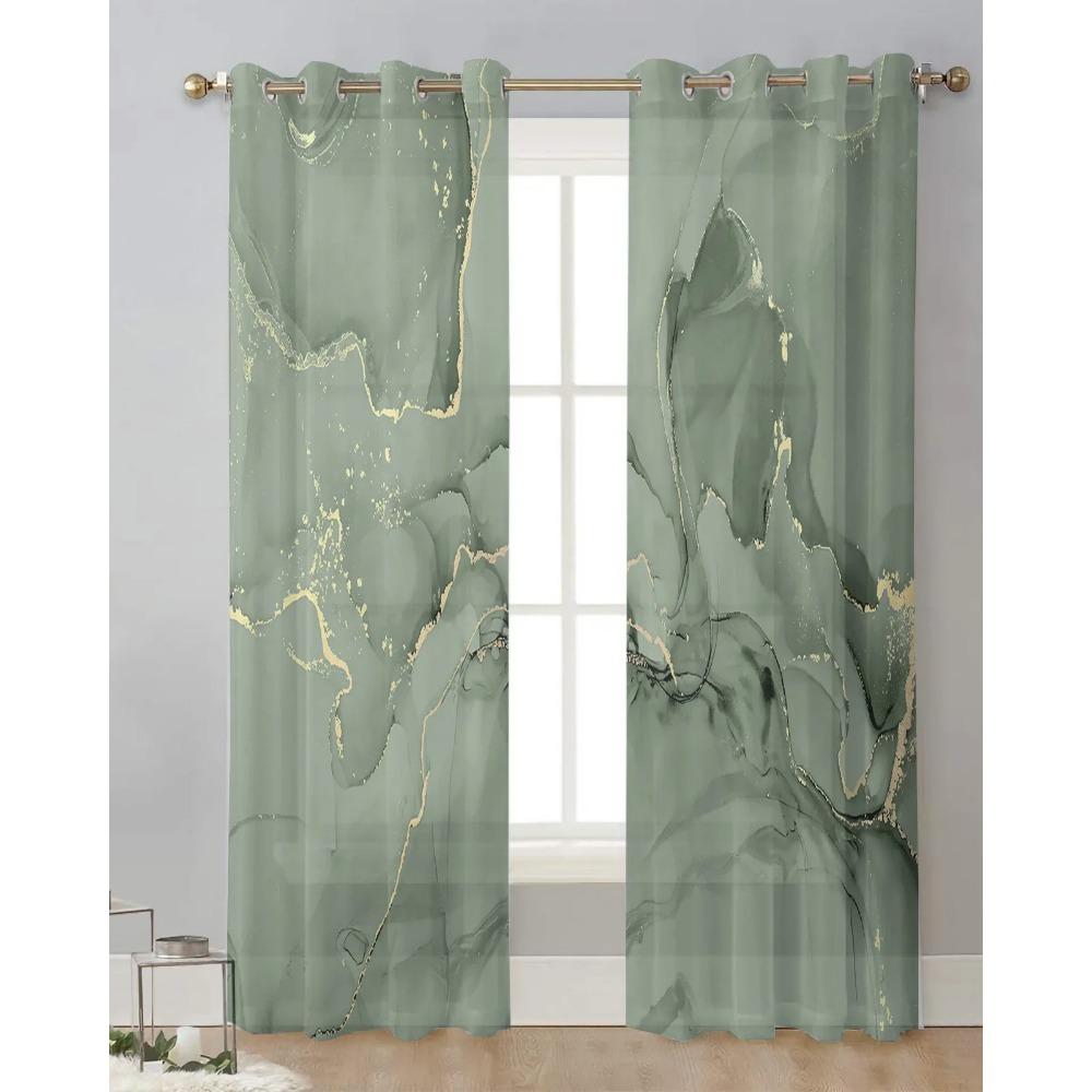 Grass Green Marble Translucent Drapes for Bedroom Space Living Room Decoration Window Opening Drape for Kitchen Area Tulle Voile Organza Curtains