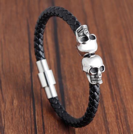 Hyperbole Men Jewelry Black Braided Leather Bracelets Men Stainless Steel Leahter Bracelets Cool Skull Bracelets Men Bracelet
