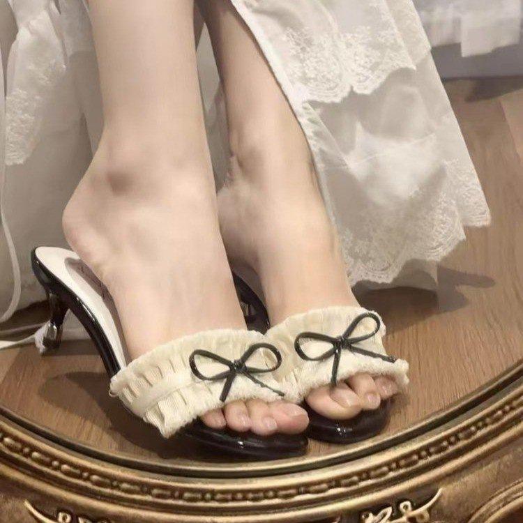 Bow fairy style high-heeled sandals female outer wear 2025 summer skirt not tired feet sandals stiletto one-word slippers