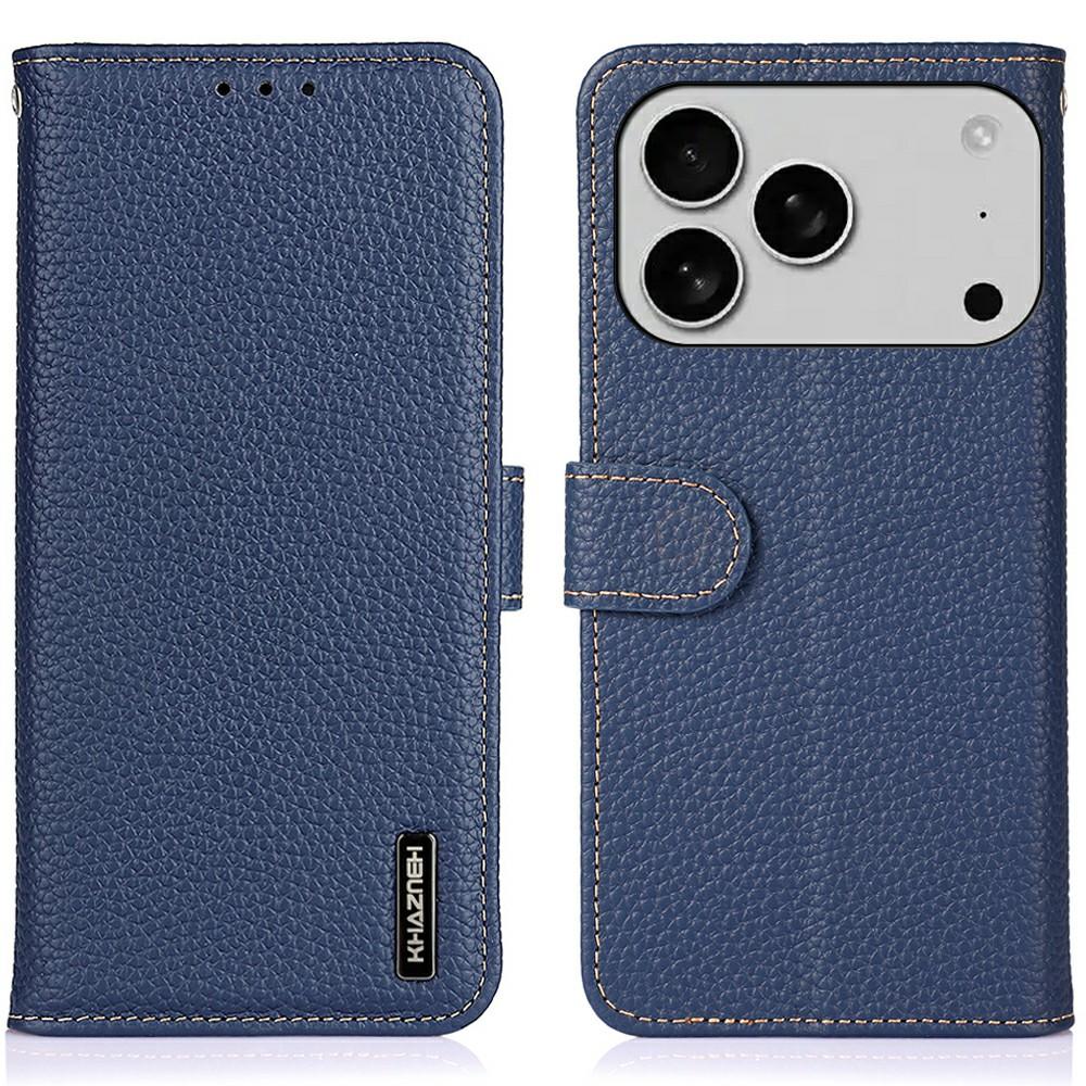 

KHAZNEH For iPhone 17 Pro Max Case Litchi Texture Genuine Cow Leather Flip Phone Cover Blue