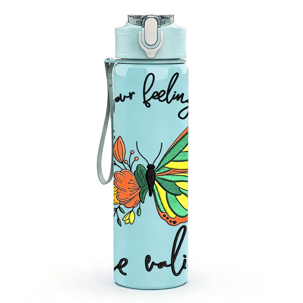 1PC Teal Butterfly Floral Quote 750ml Color Plastic Sports Water Bottle Leakproof Flip Straw Lid Suitable for Sports Office Home Use