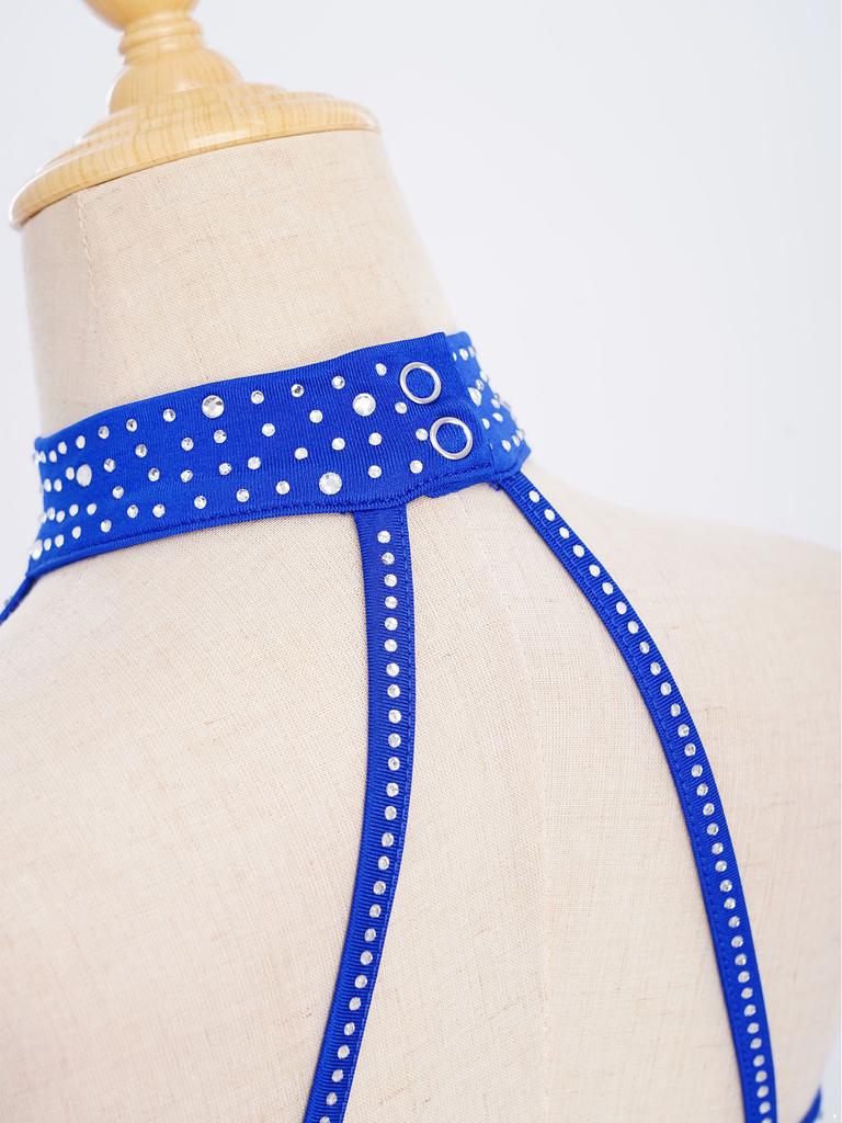 Trblietavý tanečný kostým s perami a strapcami pre deti, dievčatá: Crop top s halter krkom a prekríženým chrbtom a elastickou sukňou pre javiskové vystúpenie