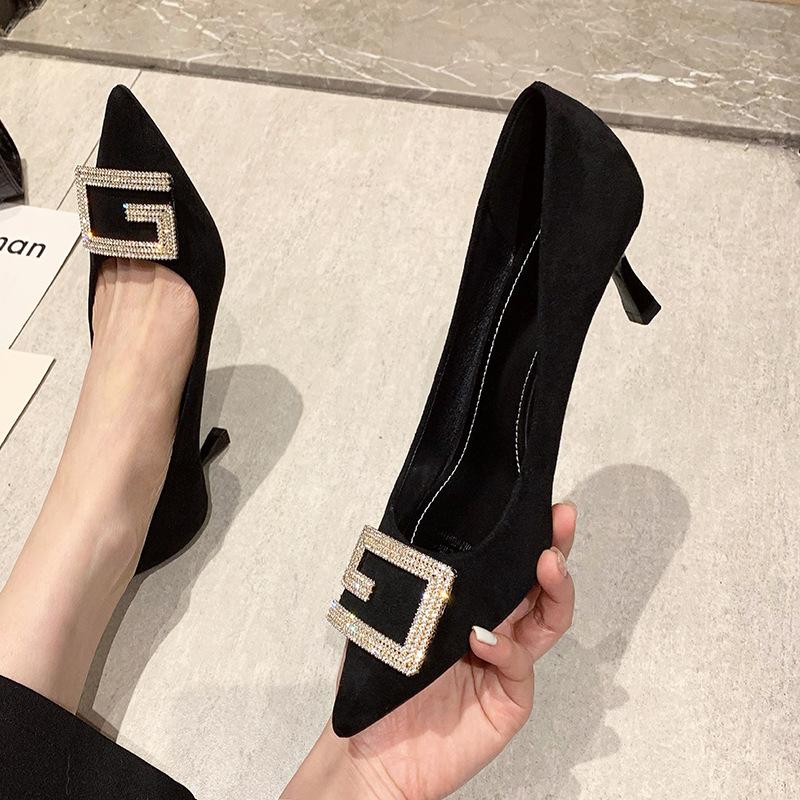 Single shoes women's new high heels pointed thin heels rhinestone versatile girl black cm cm