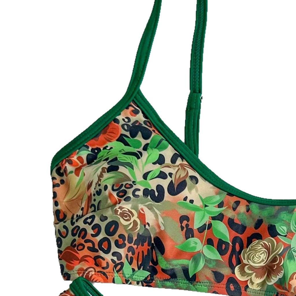1011 European and American Leopard Print Flower Print Suspenders Gather Sexy Island Babes Vacation Split Bikini Women