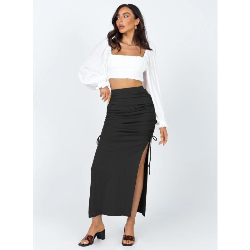 Split Knit Slim Drawstring Tie Long Bustier Skirt