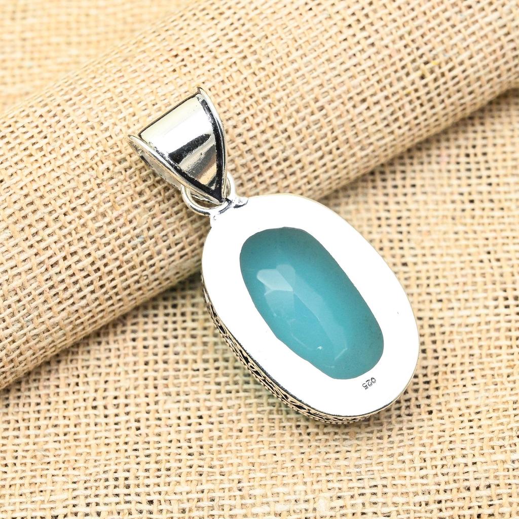 Blå Kalcedon Ädelsten Handgjord 925 Massivt Sterling Silver Smycke Hänge För Hennes
