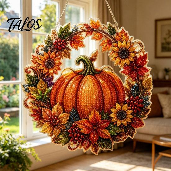 Elegant Holiday Ornament Fall Pumpkin Sunflower Wreath Hanging Decor, Acrylic Hand Painted Festive Party Decoration Window Ornament, Thanksgiving