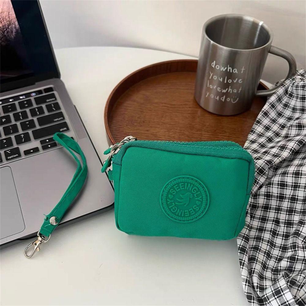Large Capacity Short Zipper Coin Purse With Lanyard Nylon Phone Bag Simple Money Bag Unisex