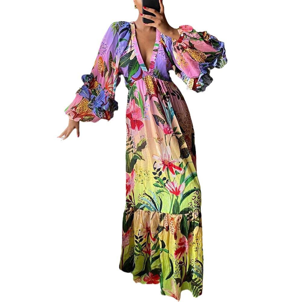 Sommer neue europäische und amerikanische Damenbekleidung Druck Farbverlauf Kleid Rüschen V-Ausschnitt sexy dünnes Kleid