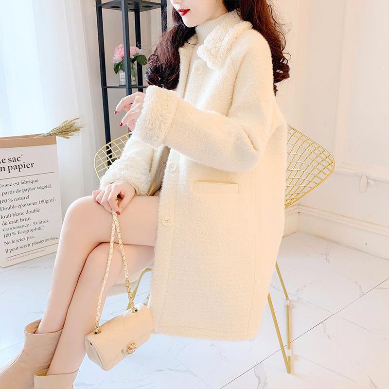 Manteau en fourrure composite double couche aspect agneau pour femmes, Coupe ample mi-longue, Composite double couche