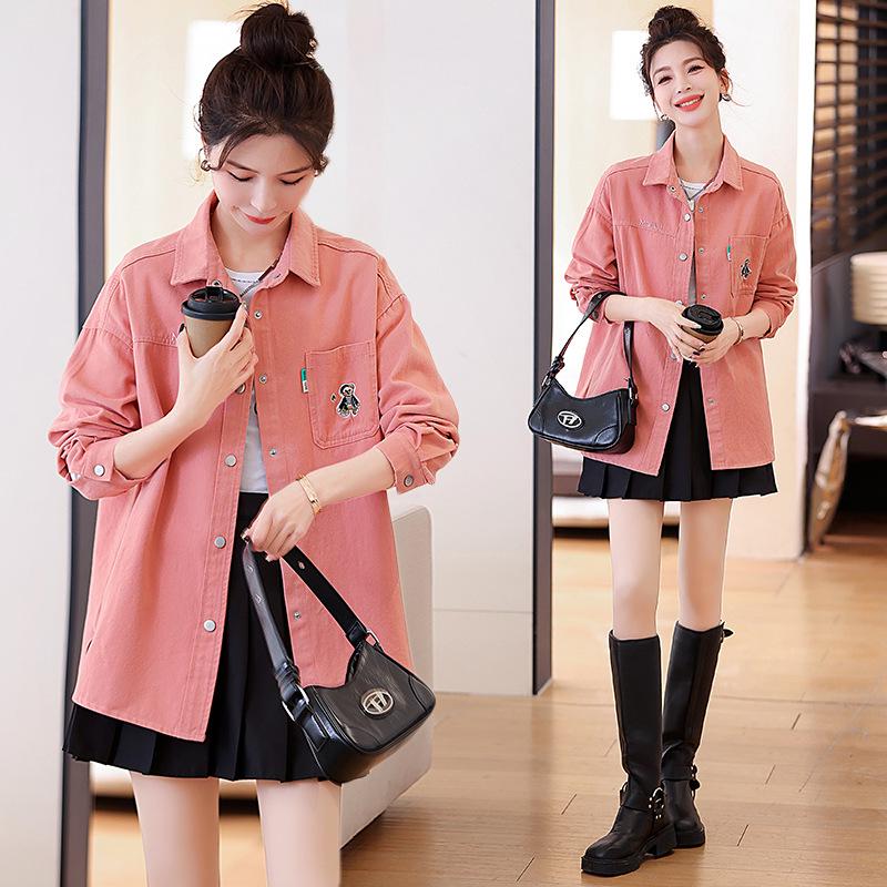 2024 Spring & Fall Women's Embroidered Denim Shirt - Brushed, Washed Cotton, Loose Casual Mid-Length Jacket