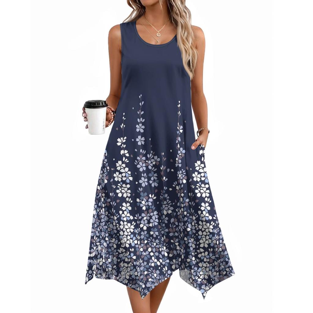 Damen Lässige Ärmellose Sommerkleider Frühling Rundhals Patchwork Boho Floral Rüschen Cocktailparty Midi-Kleid