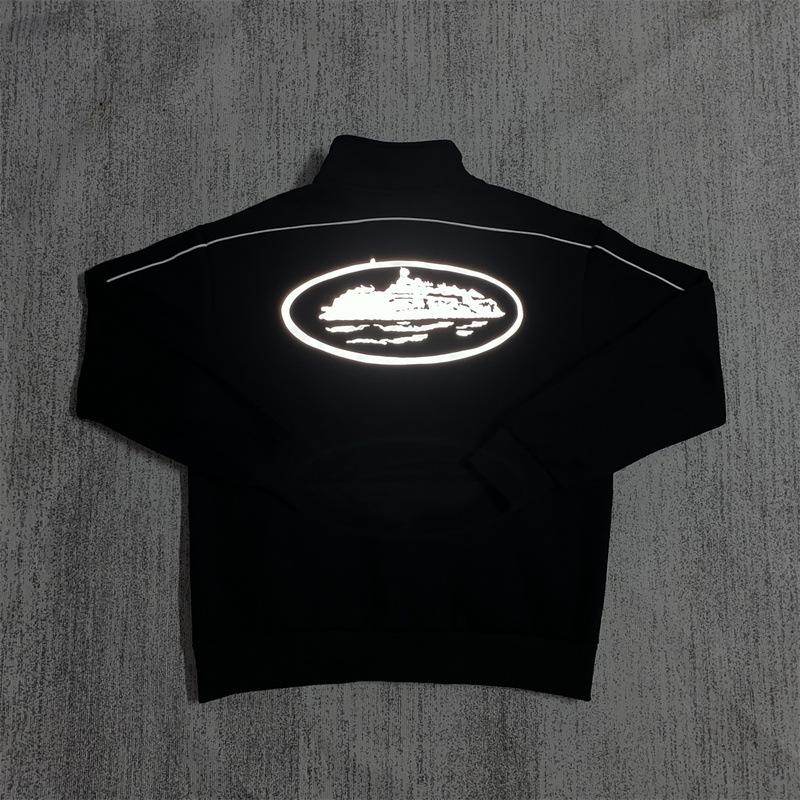 American Retro Reflective Corteiz Alcatraz Jacket with Stand Collar and Zippered Casual High Street Pants