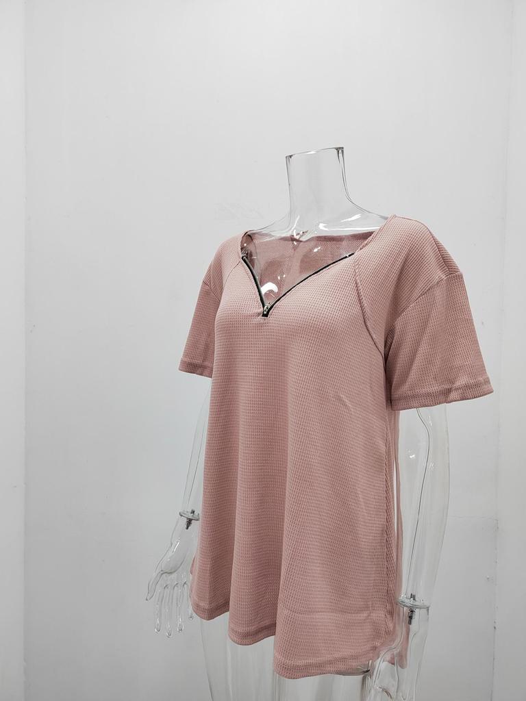 Summer Large Size Women's Casual T-shirt Solid Color V-neck Zipper Loose Short-sleeved Top Fashion Temperament Elegant Women's Clothing