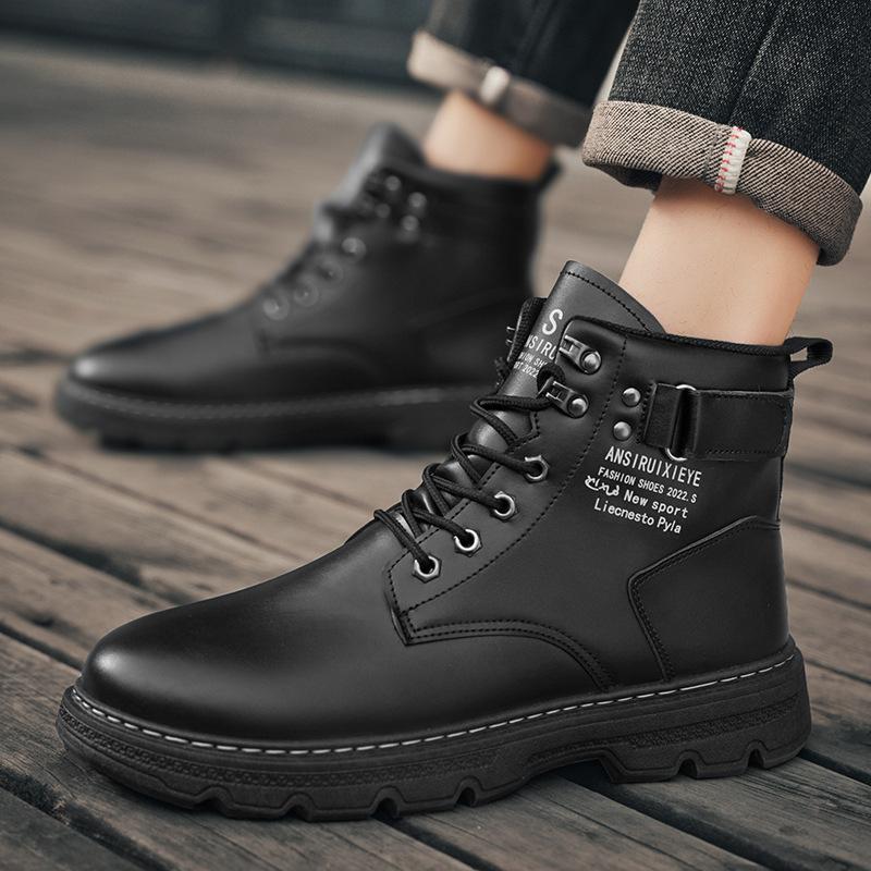 Fashion Autumn Men's New High Top Men's Trendy Versatile Thick Soled Workwear Casual Black Short Boots