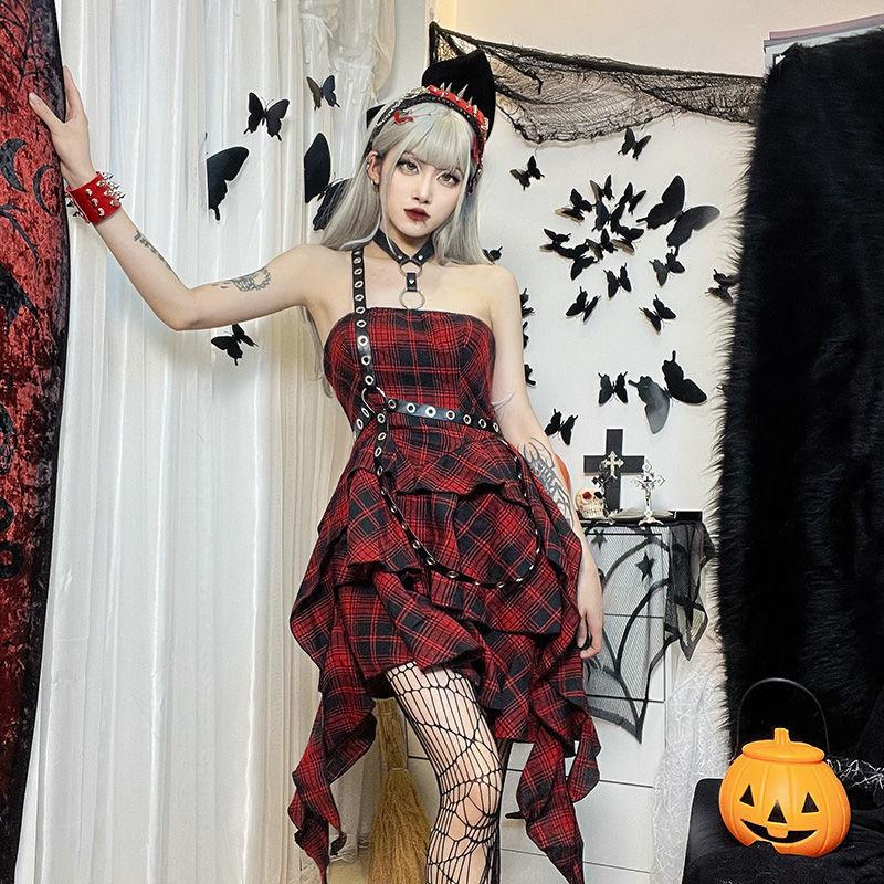 Gothic Plaid Red Summer Dress Women Lolita Streetwear Sleeveless Punk Off-Shoulder Dress Party Assymmetric Dresses