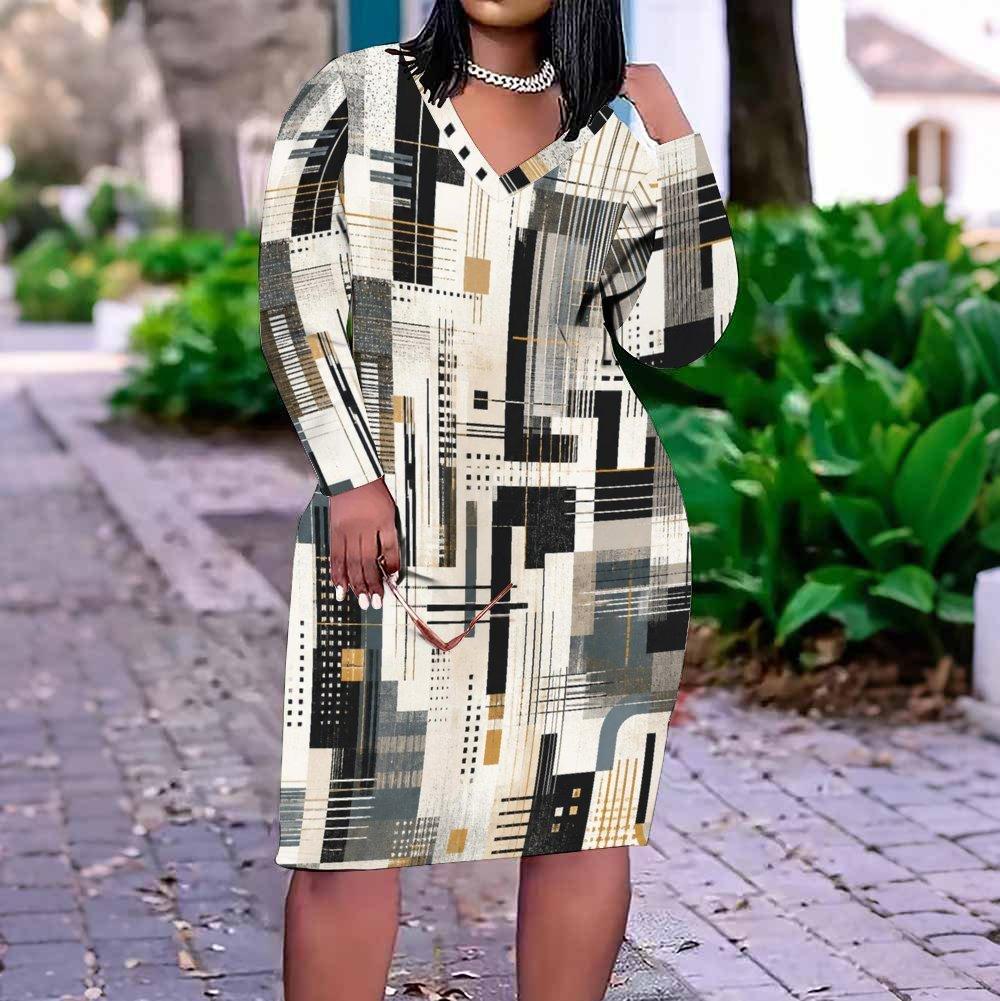 Women Plus Size V Neck Long Sleeve Printed Fitted Straight Hem Dress