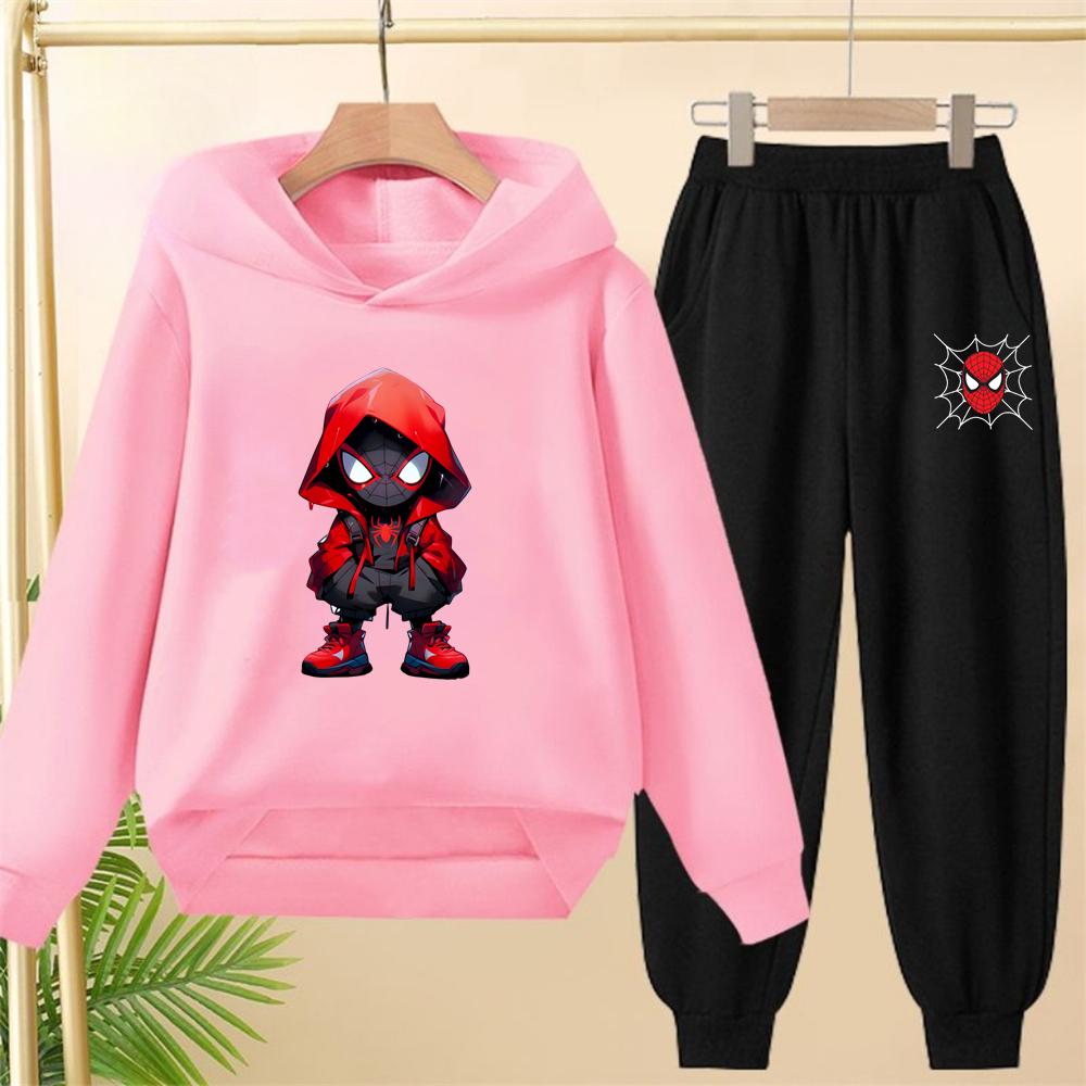 Çocuk Siyah Kapişonlu Örümcek Adam Baskılı Spor Kazak Mont Sweatshirt+Pantolon Erkek Kız Bebek Giysileri Eğlence Seti