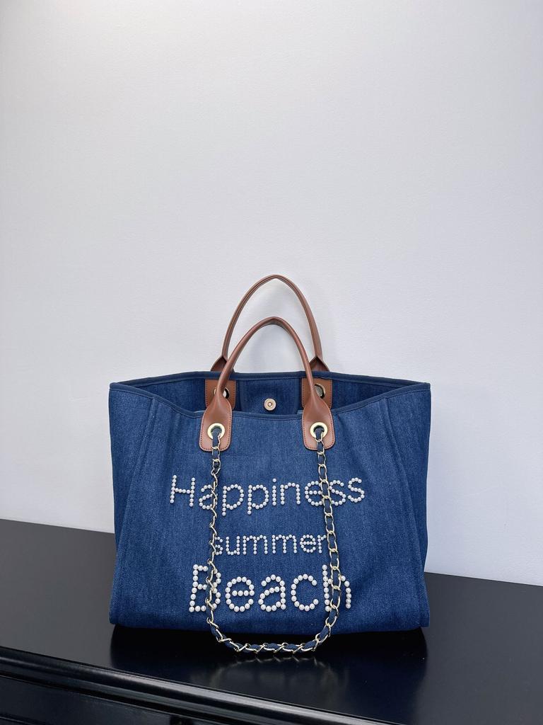 Pearl embroidered beach bag canvas chain bag large capacity handbag shoulder shopping bag women's tote bag