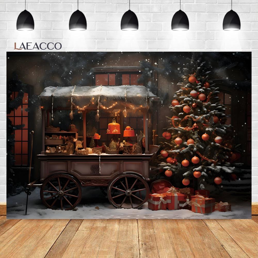 Laeacco Christmas Camper Pography Backdrop Winter Snowy Pine Trees Mini Bus Baby Birthday Family Holiday Portrait Background