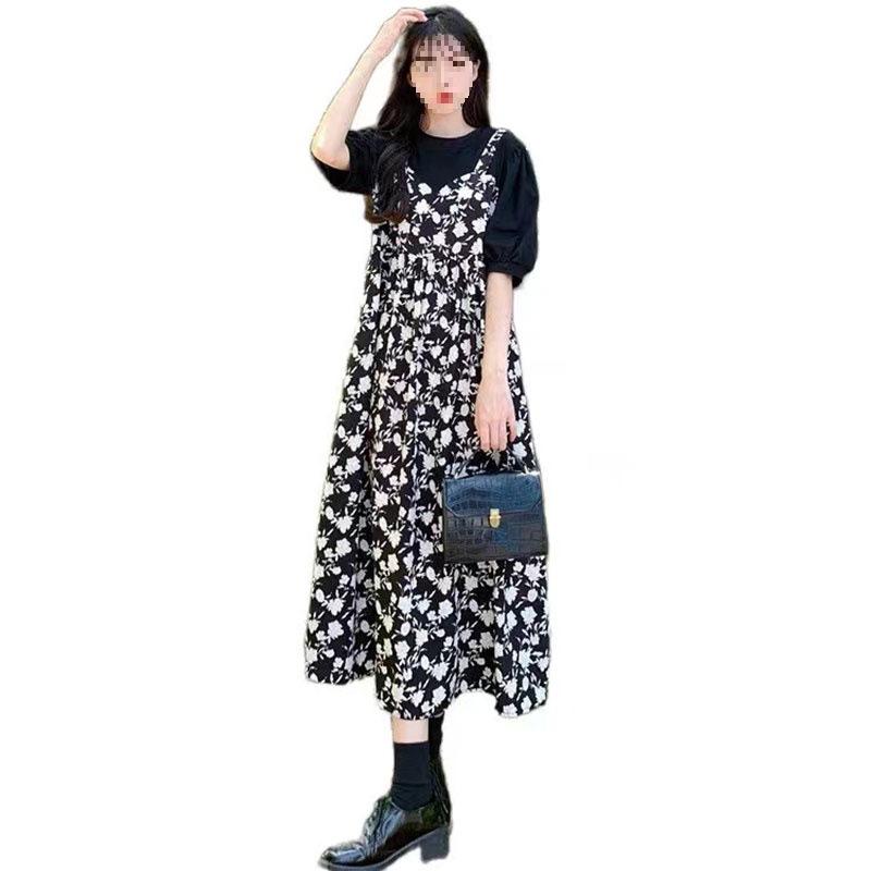Gentle Wind Fake Two-piece Strap Dress New Year's Fat Mm Loose Tibetan Meat Floral Dress Children's Summer