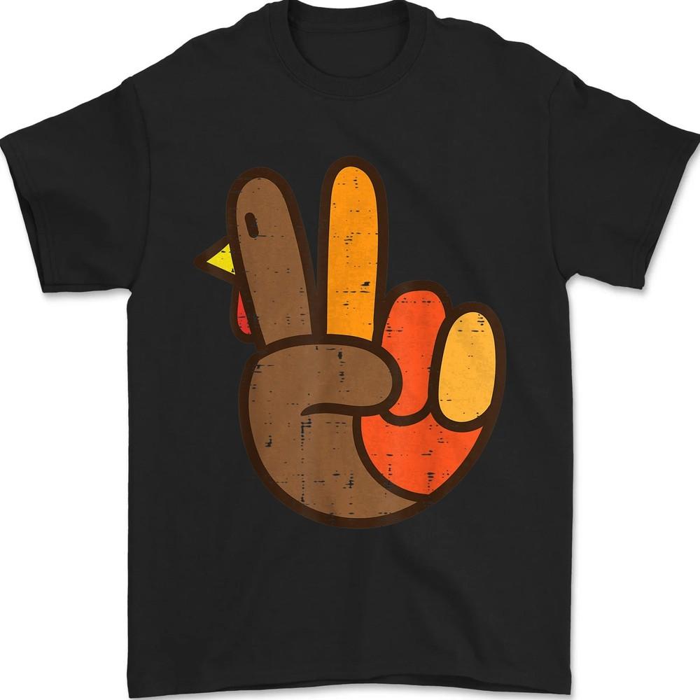 

Peace Sign Turkey Hand Cool Thanksgiving Hippie Men Women T-Shirt 4XL