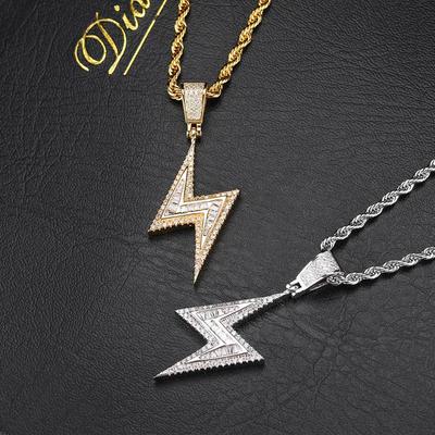 European Hip Hop Mixed Inlaid T Square Zircon Lightning Pendant Real Gold Electroplated Hiphop Personality Trend Men's and Women's Necklaces