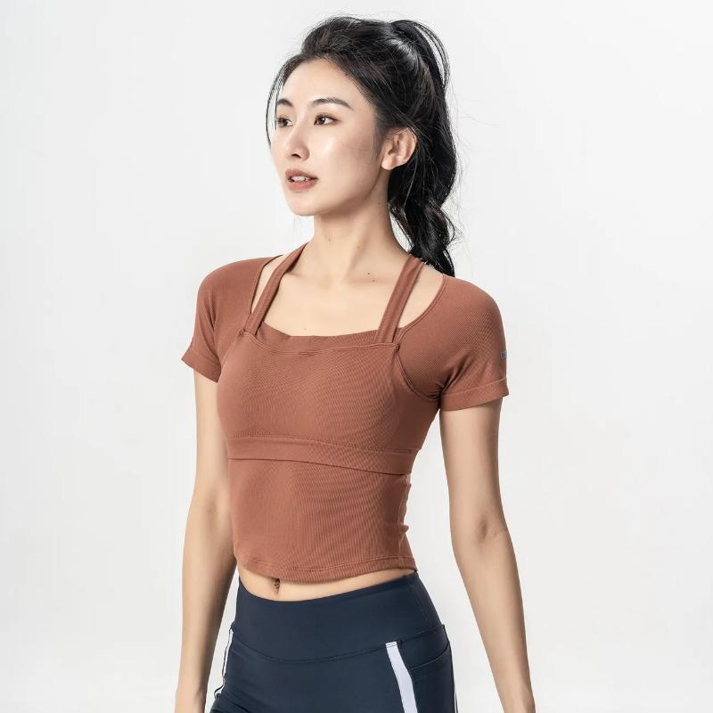 Women Pink Ribbed Yoga Top Square Neck Short Sleeve Crop Tee