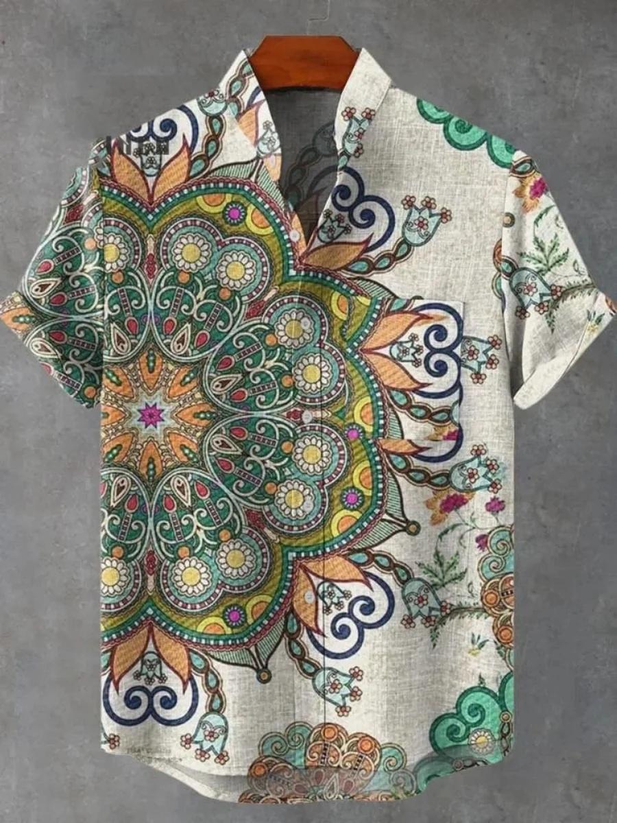 Summer Men s Printed Short Sleeve Shirt Vintage Linen Shirt Men s Festival Casual Short Sleeve Top Street Trend Fast Delivery S