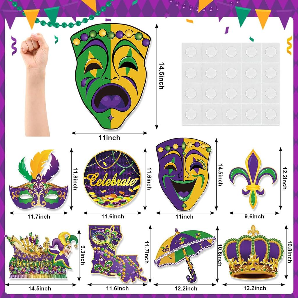 Large Mardi Gras Decorations with Comedy Tragedy Face Mardi Gras Float Mask Cutouts for Themed Party Prom Supplies-9 Pcs