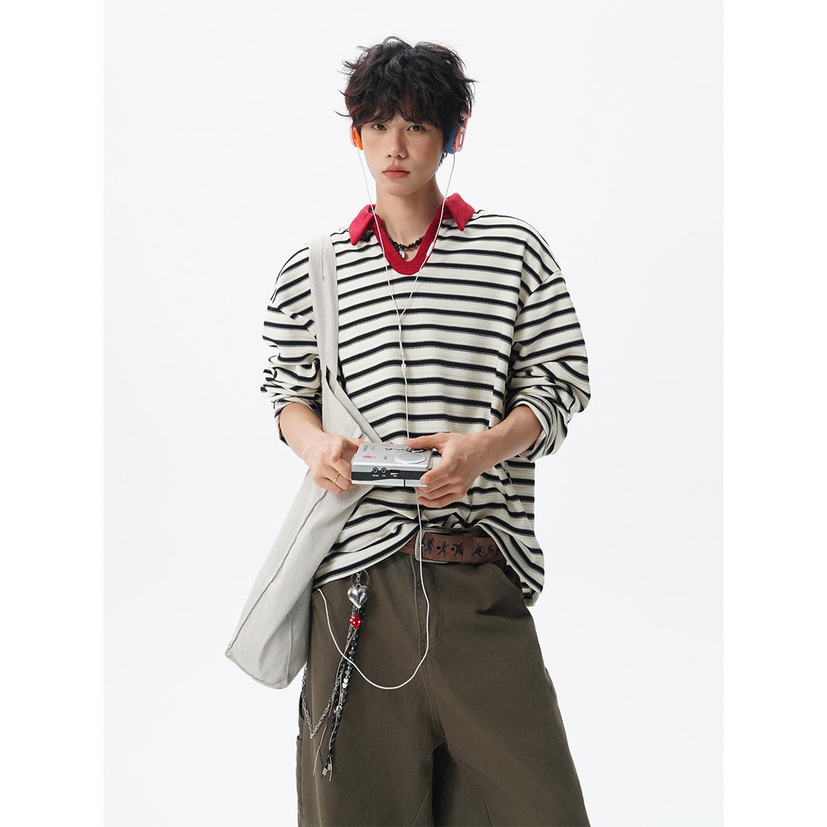 Men s Trendy Old Money Striped Polo Neck Hoodie, Autumn College Style, Versatile Long Sleeve Top XL