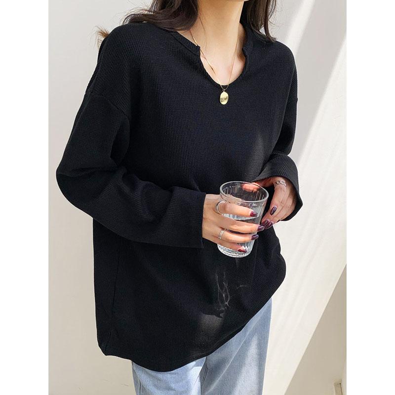 Ocazional, vafre, carouri, tricouri pentru femei, primăvară, vară, mâneci întregi, cu decolteu în V, tricouri pentru femei, maiuri