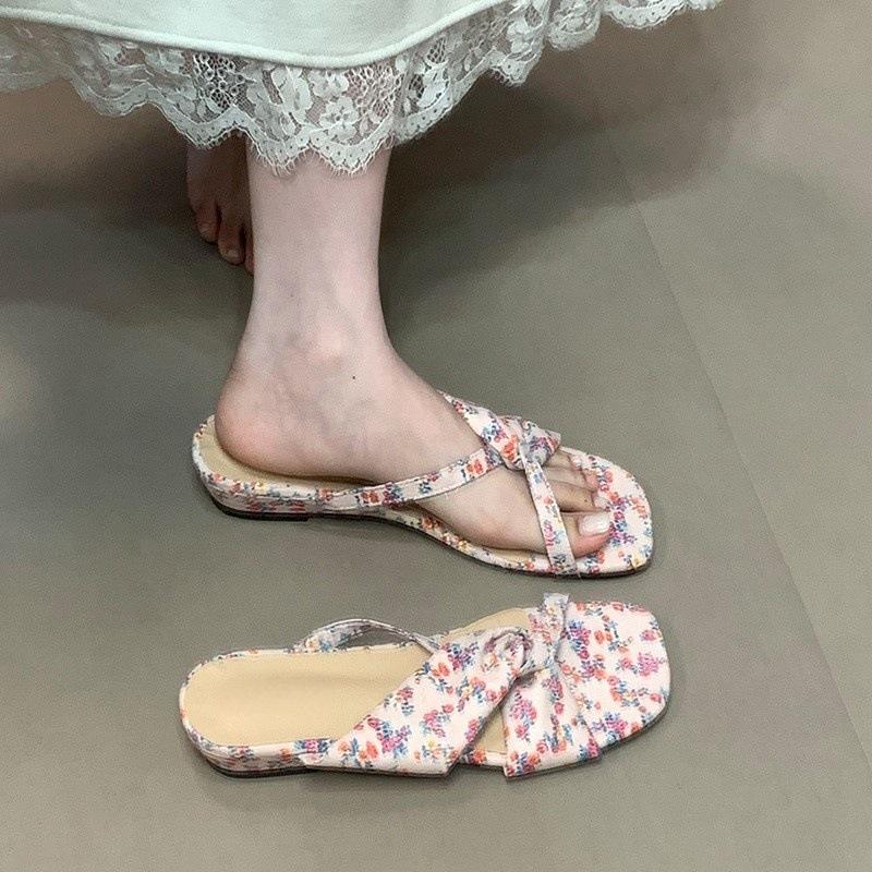 Retro Versatile One-word Drag with Skirt Gentle Wind Emerald Flower Kinked Cool Slippers