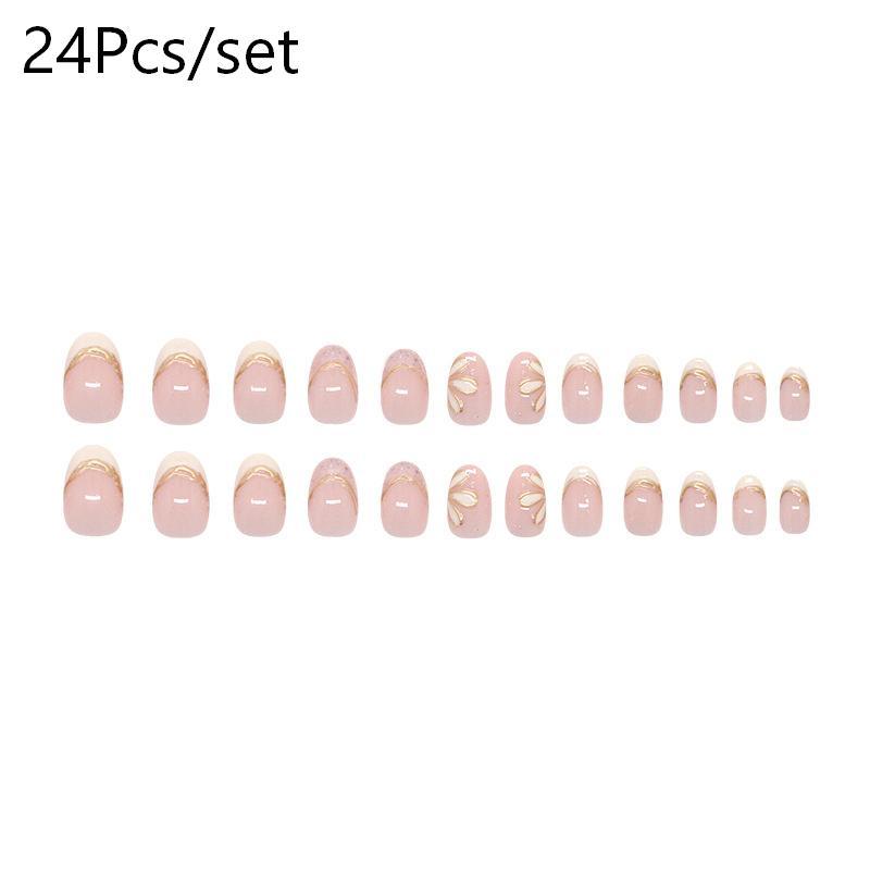 French Style Art Nail Patch 3D Flower Gold Line Fake Nails Reusable Nail Tips For Women Diy Manicure Accessories